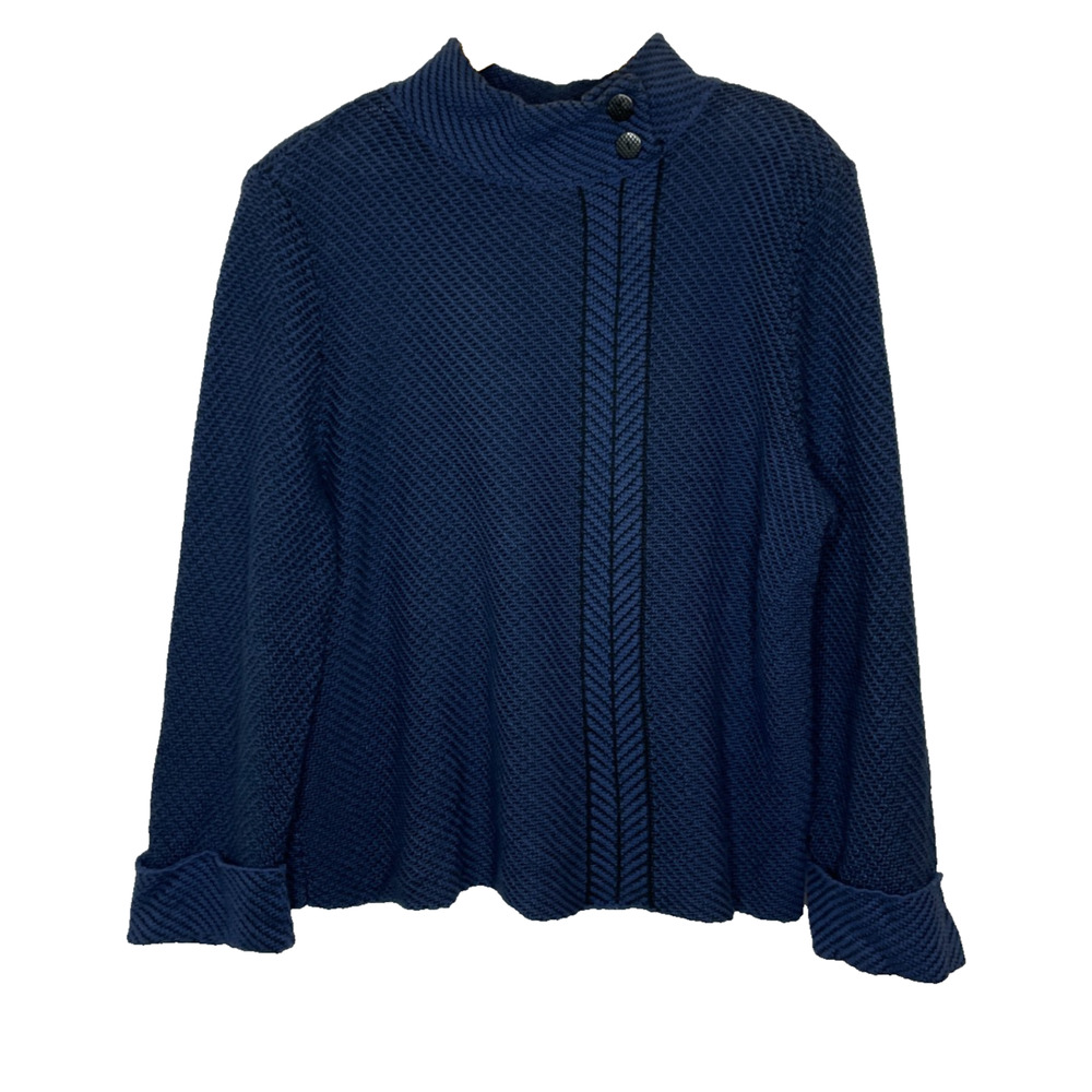 Women's Large Habitat Blue Knit Herringbone Mock Neck Lagenlook Sweater
